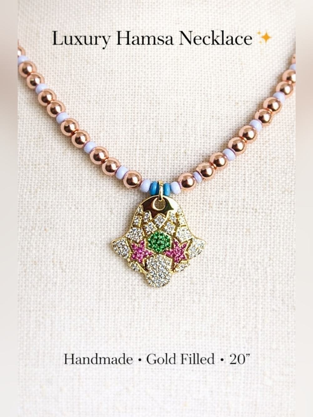 Handmade Gold Filled Beaded Necklace 20" Hamsa Pendant Colorful CZ